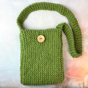 Handmade Green Knit Crochet Button Closure Shoulder Bag